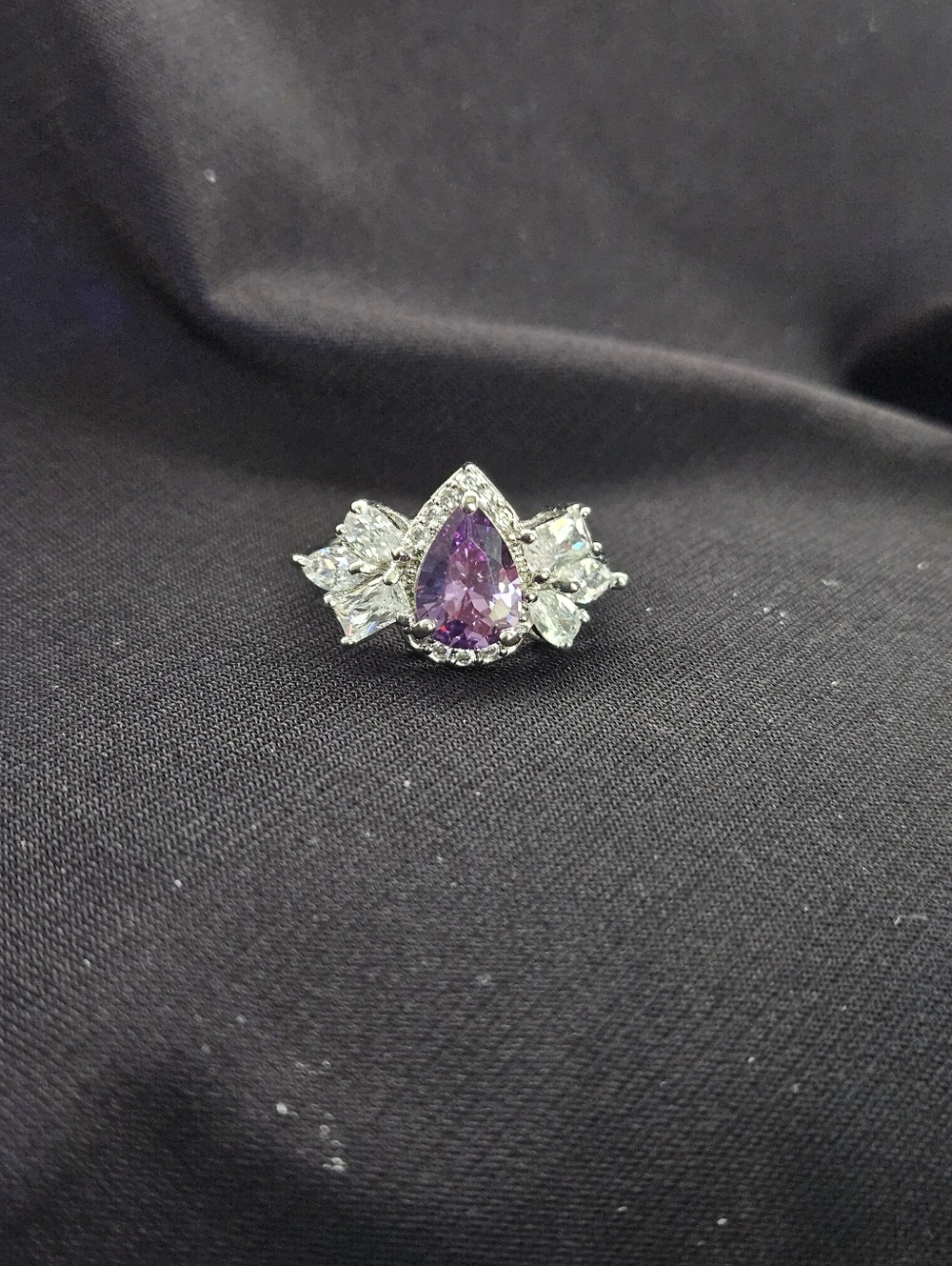 Elegant Amethyst Teardrop/Pear shaped Sterling Silver Ring